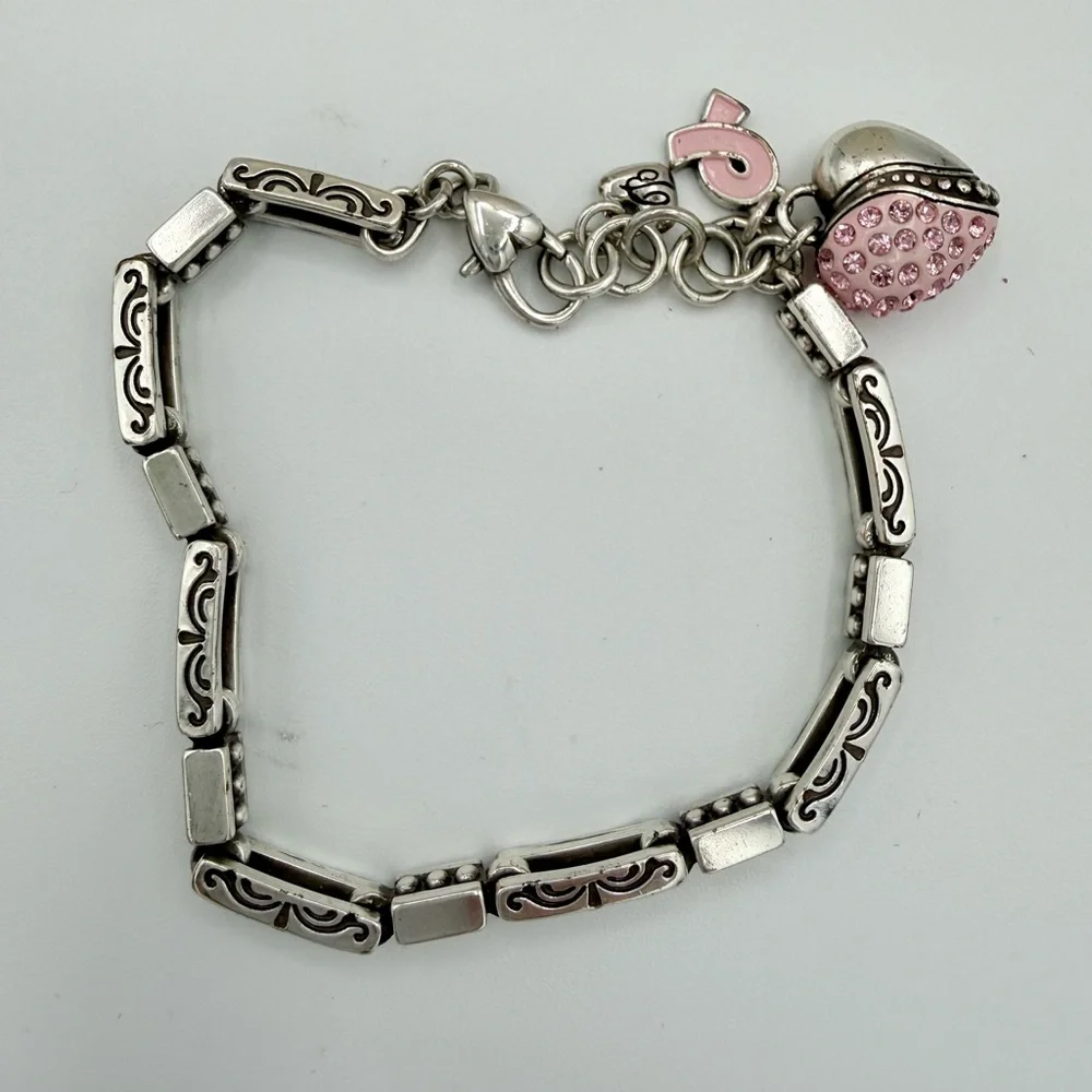 BRIGHTON Pink Ribbon Breast Cancer Awareness Charm Bracelet Silver Crystal Heart